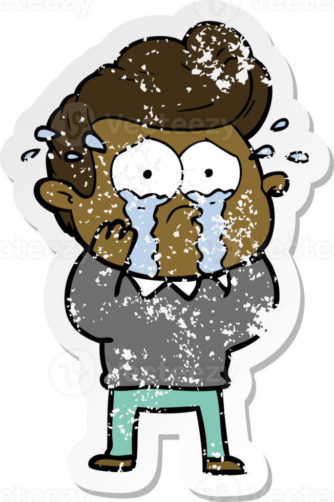 distressed sticker of a cartoon crying man png