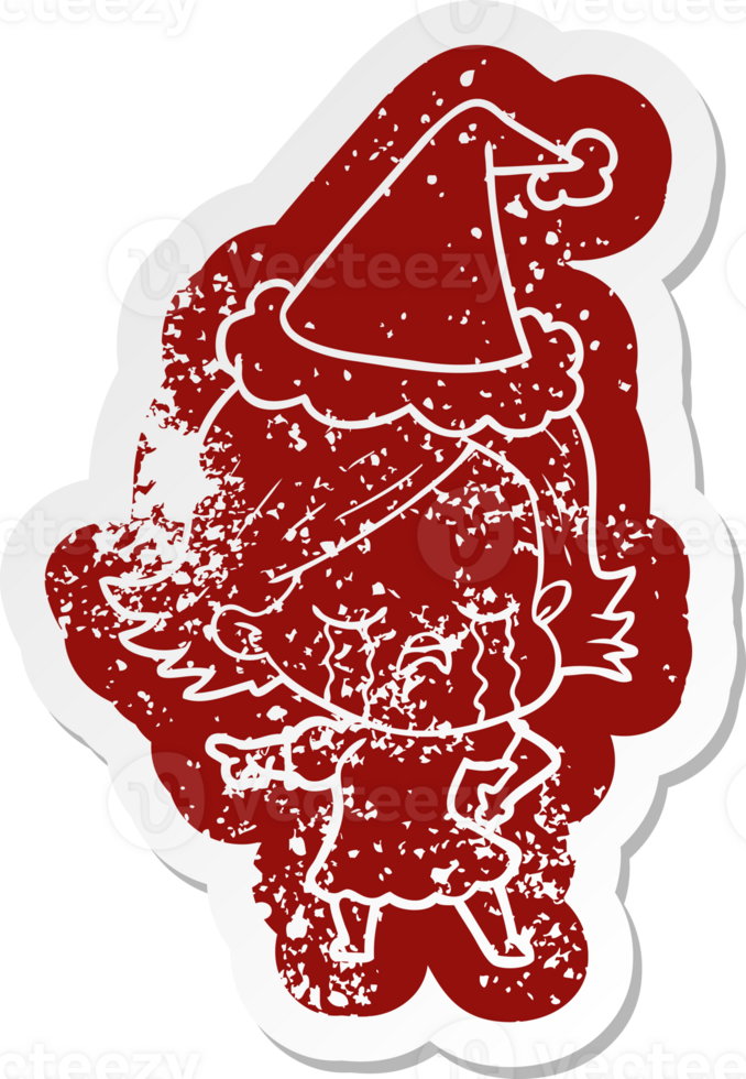 quirky cartoon distressed sticker of a girl crying and pointing wearing santa hat png
