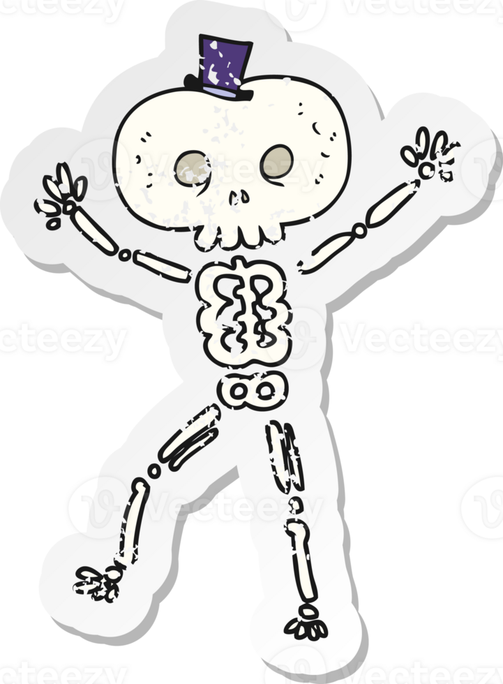 retro distressed sticker of a cartoon dancing skeleton png