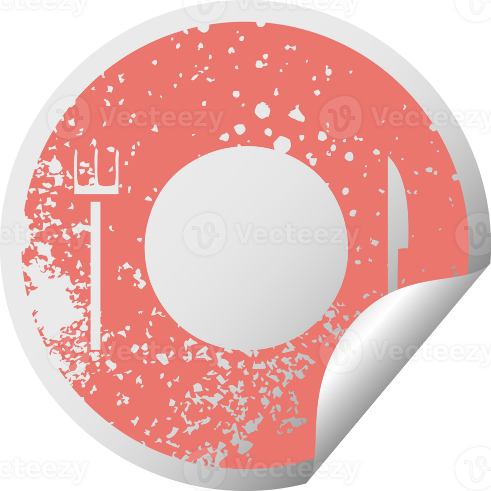 distressed circular peeling sticker symbol of a plate and cutlery png