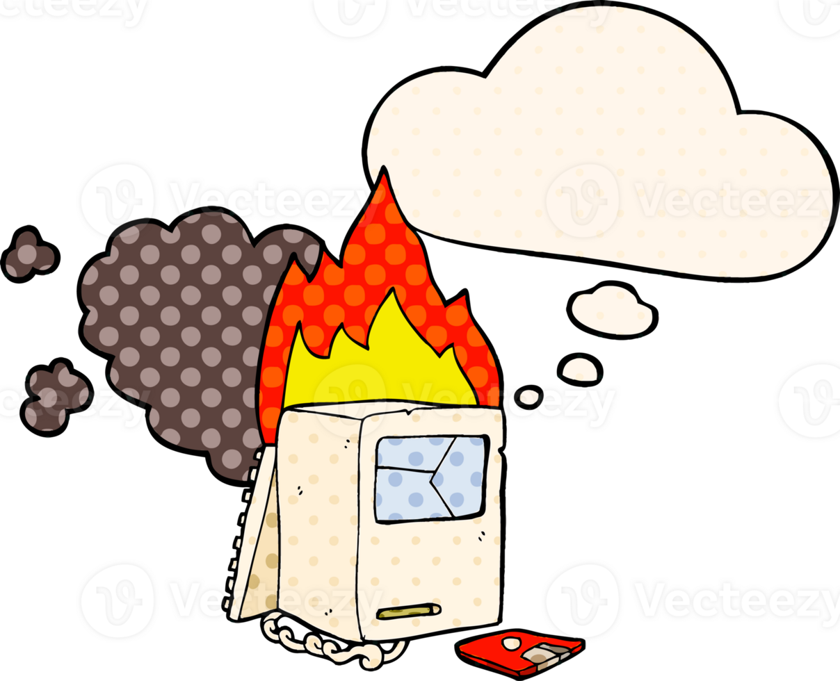 cartoon broken computer with thought bubble in comic book style png