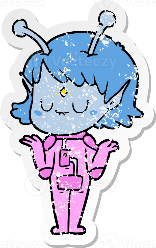 distressed sticker of a cartoon alien girl png