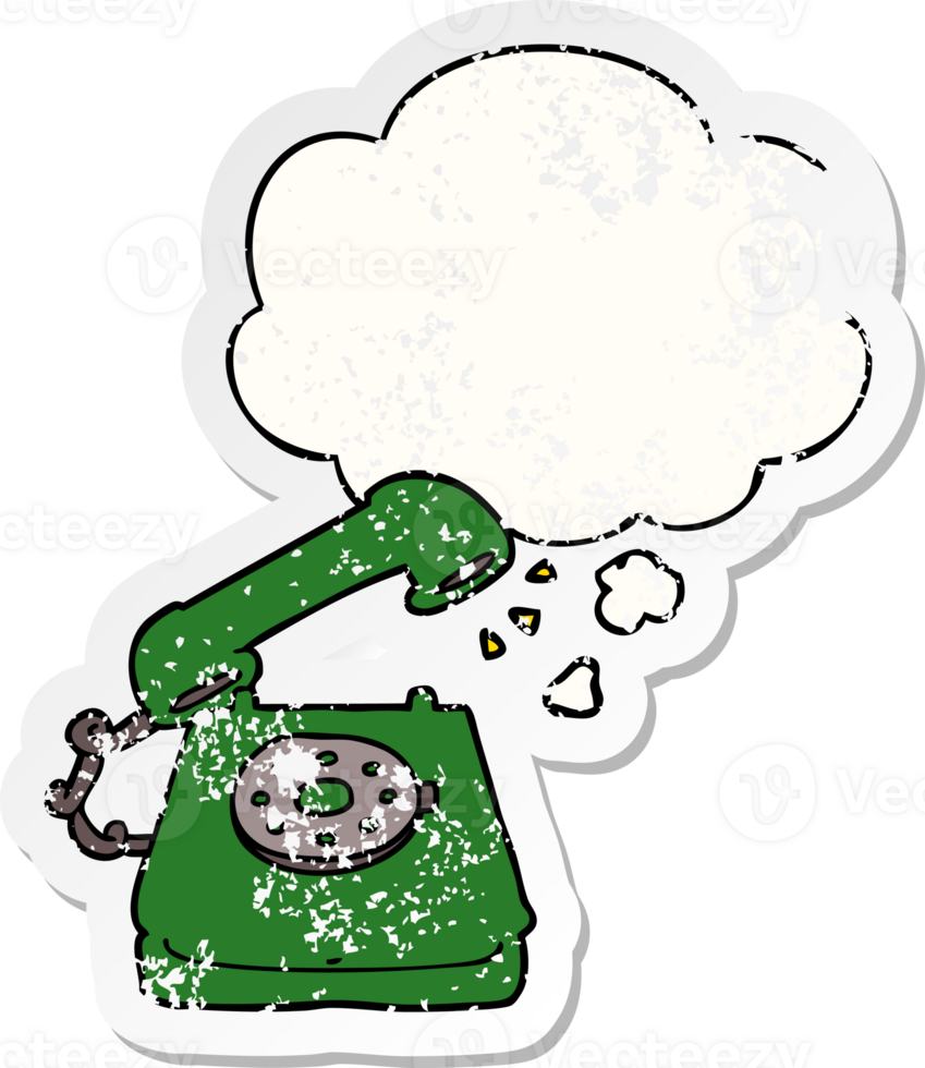 cartoon old telephone with thought bubble as a distressed worn sticker png