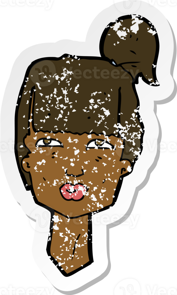 retro distressed sticker of a cartoon female head png