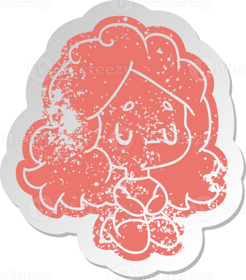 distressed old cartoon sticker of a cute kawaii girl png