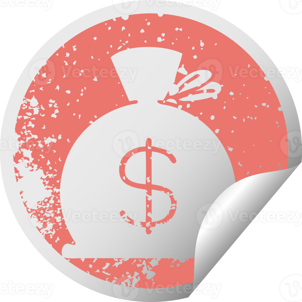 distressed circular peeling sticker symbol of a bag of money png