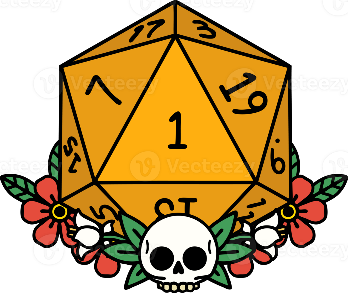 Retro Tattoo Style natural one dice roll with floral elements png