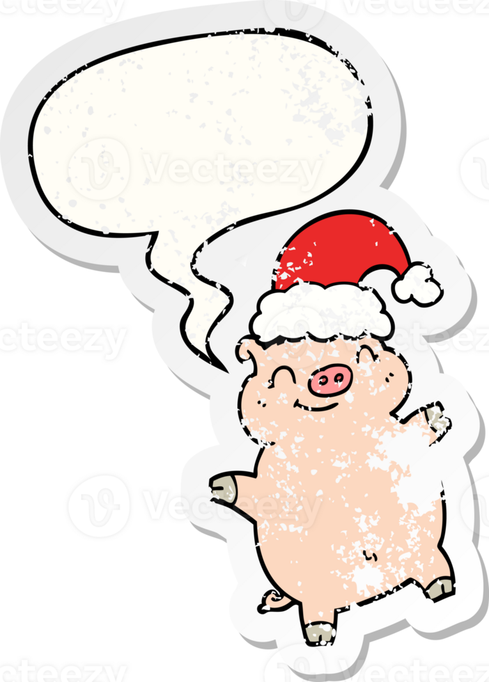 cartoon happy christmas pig with speech bubble distressed distressed old sticker png