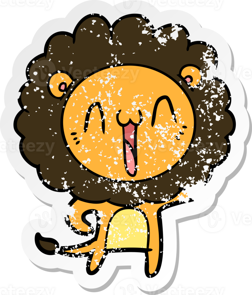 distressed sticker of a happy cartoon lion png