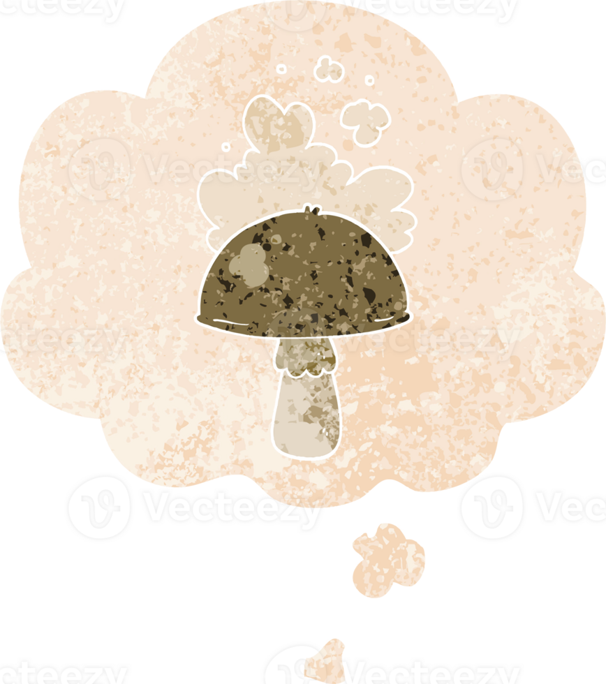 cartoon mushroom with spore cloud with thought bubble in grunge distressed retro textured style png