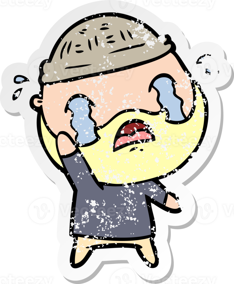distressed sticker of a cartoon bearded man crying waving goodbye png