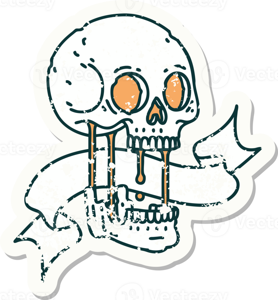 worn old sticker with banner of a skull png