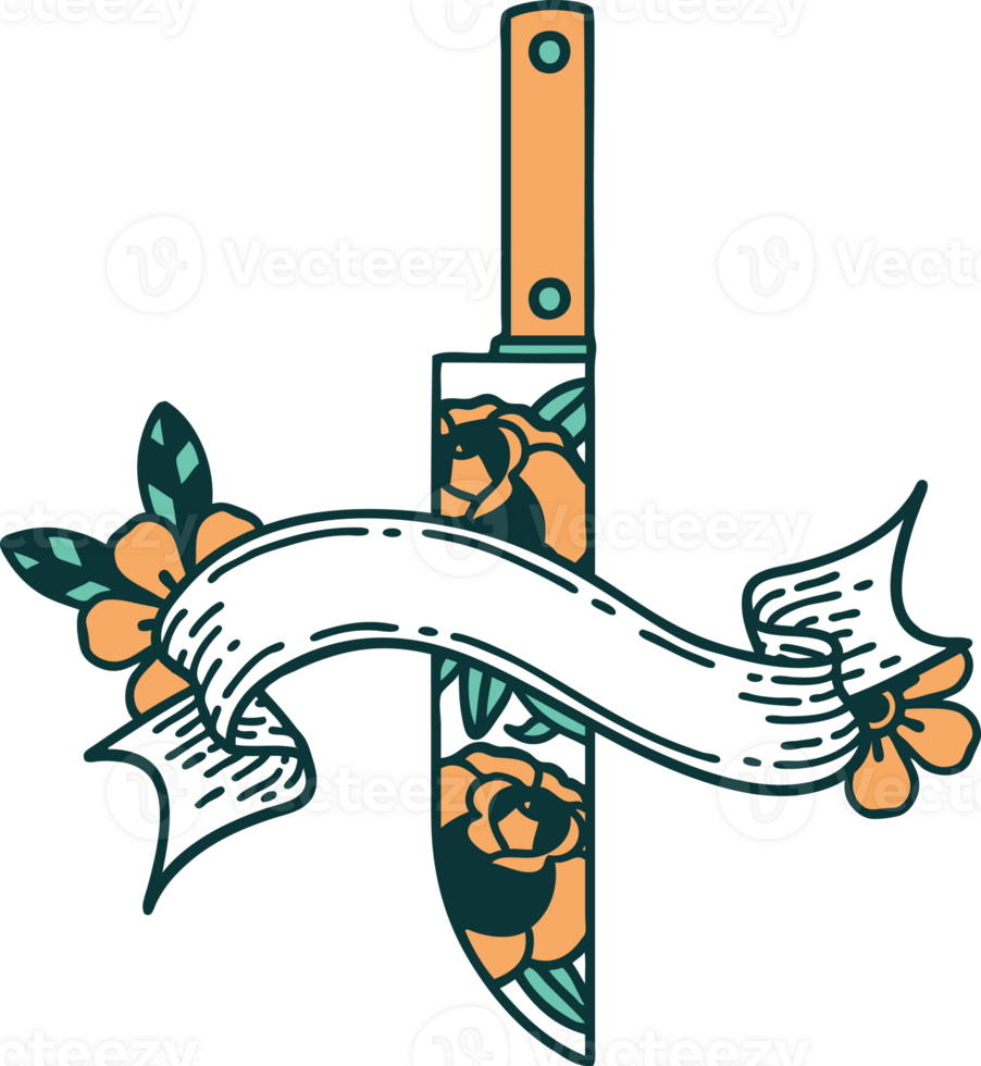 traditional tattoo with banner of a dagger and flowers png