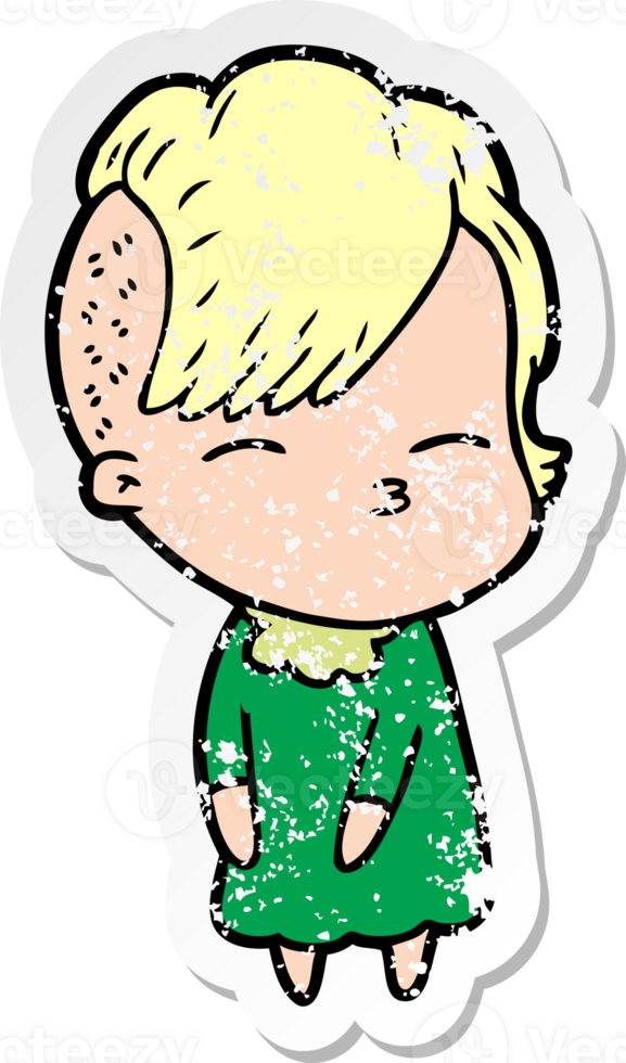 distressed sticker of a cartoon squinting girl png