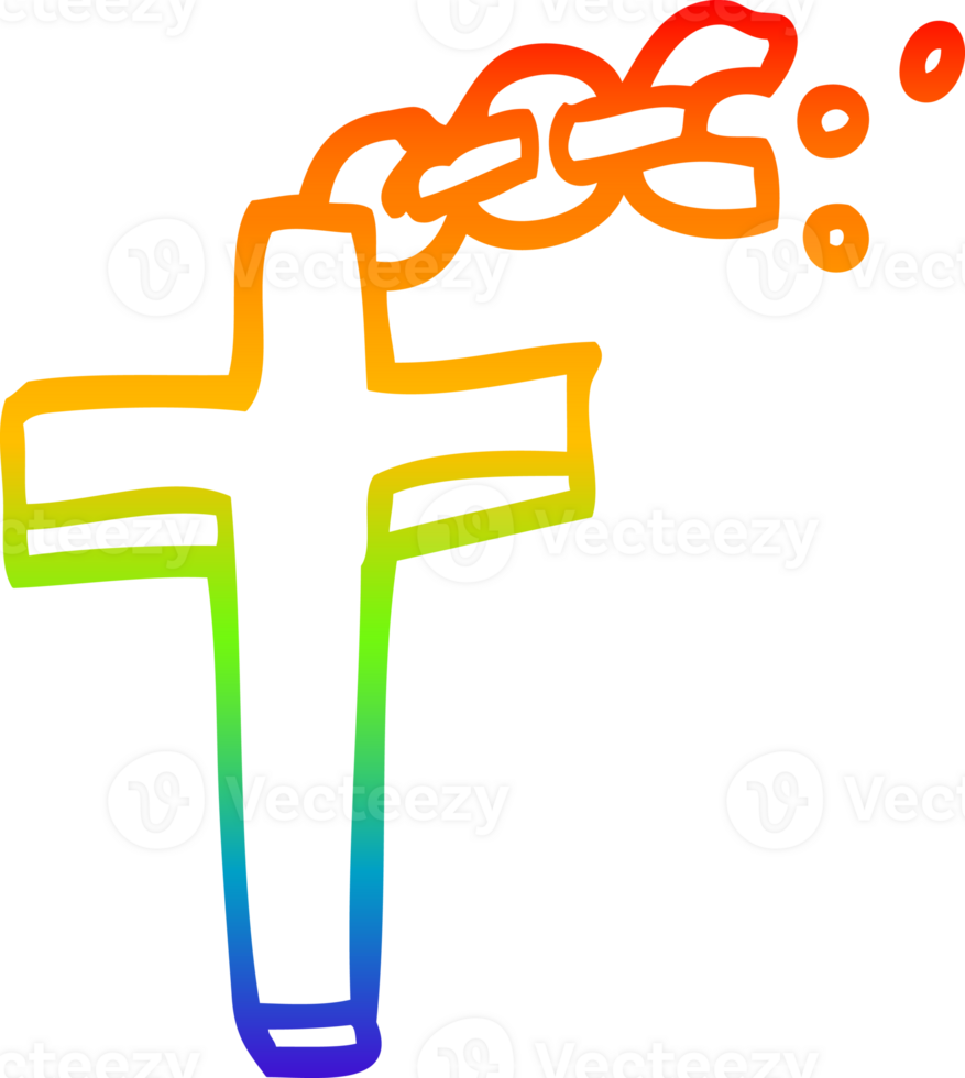 rainbow gradient line drawing of a cartoon crucifix on chain png