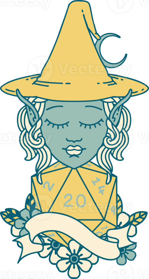 Retro Tattoo Style elf mage character with natural twenty dice roll png