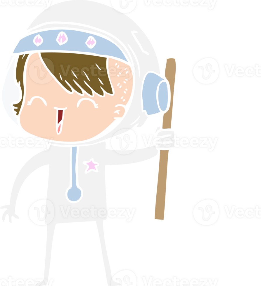 happy flat color style cartoon space girl holding flag png