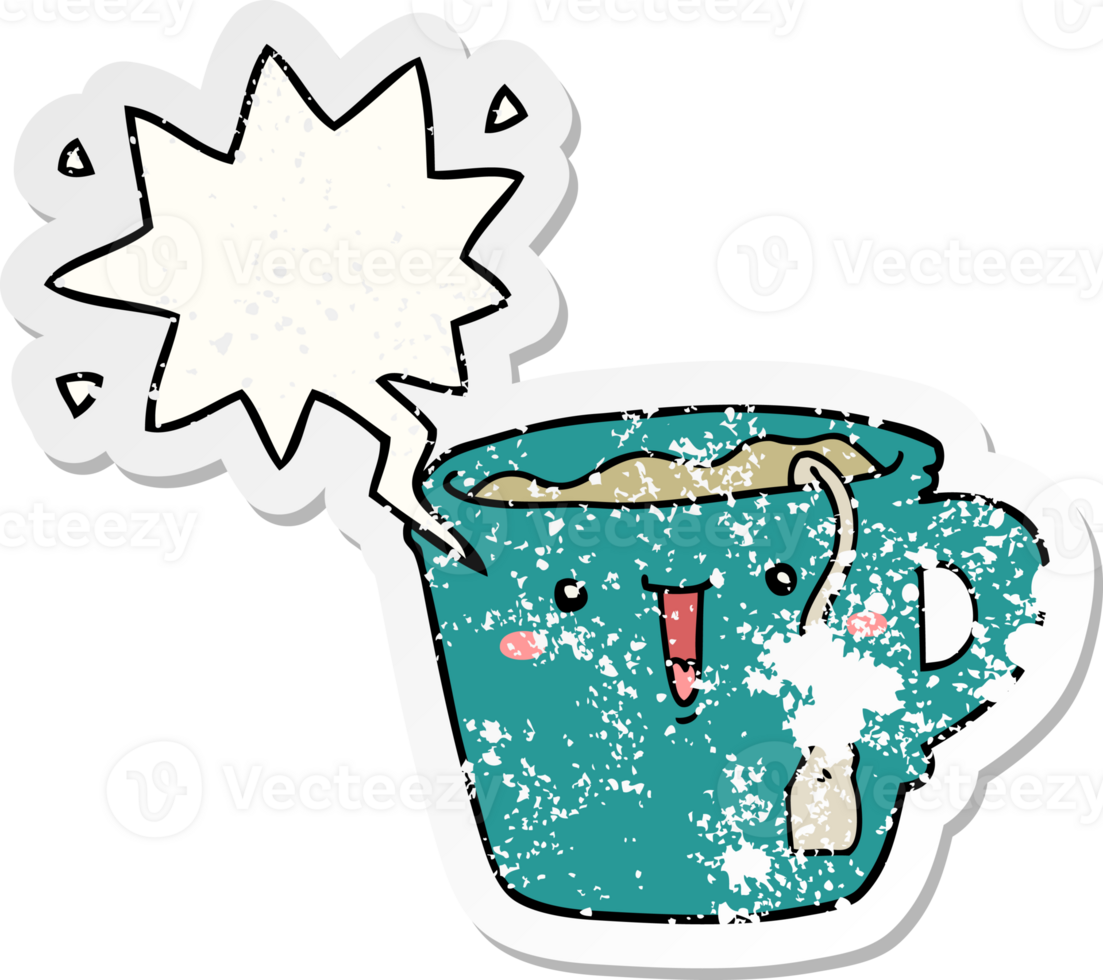 cute cartoon coffee cup with speech bubble distressed distressed old sticker png