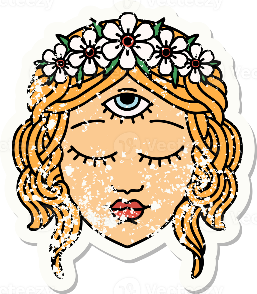 distressed sticker tattoo in traditional style of female face with third eye and crown of flowers png