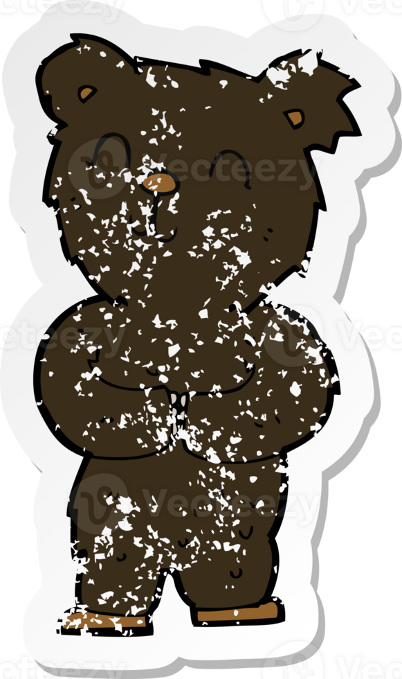 retro distressed sticker of a cartoon happy little black bear png