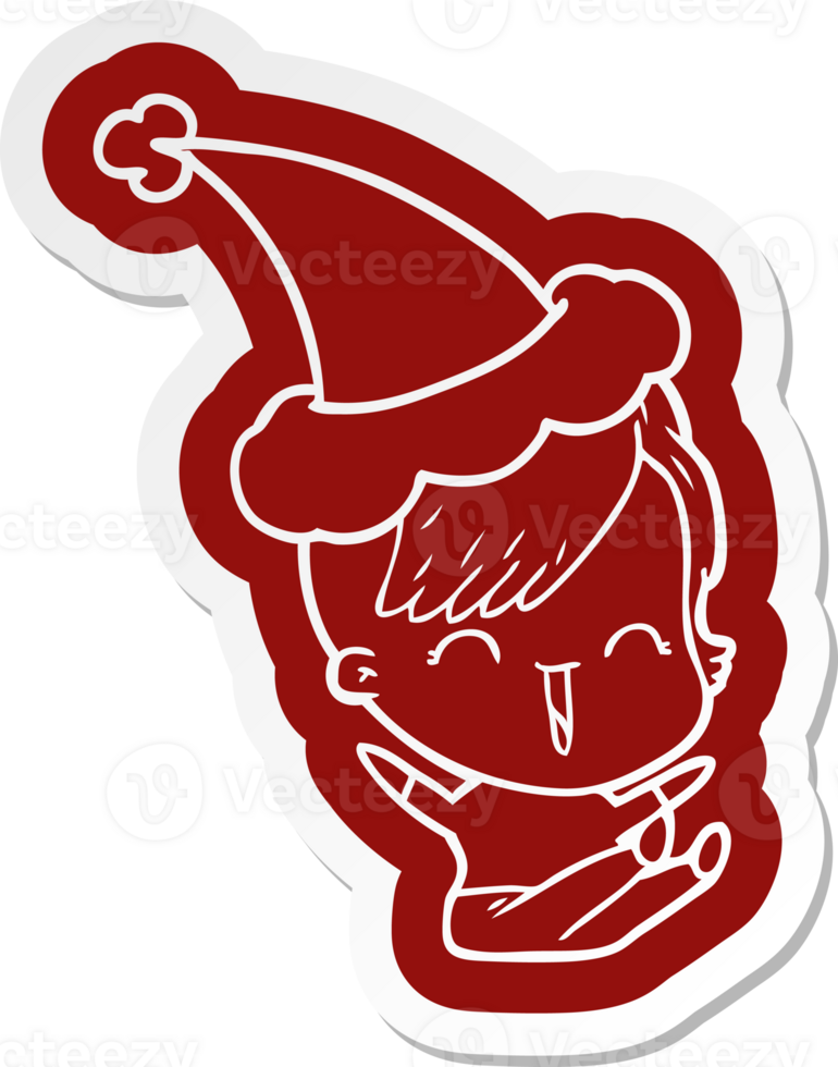 quirky cartoon  sticker of a happy hipster girl wearing santa hat png