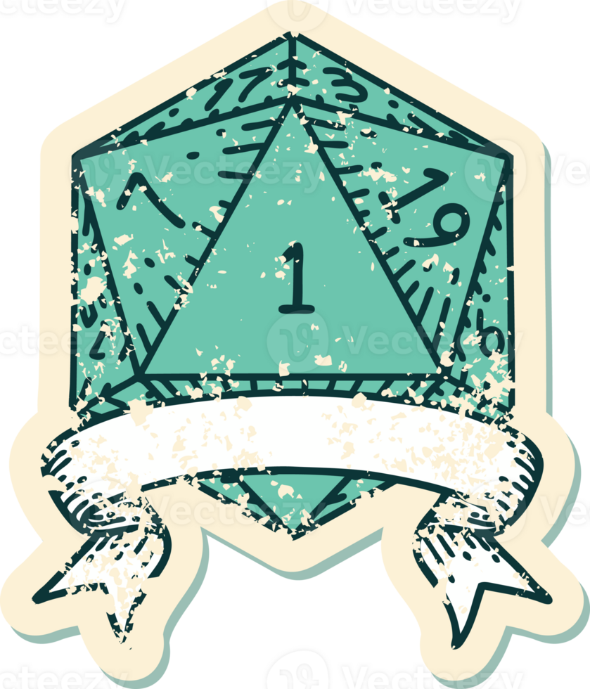 Retro Tattoo Style natural one d20 dice roll png
