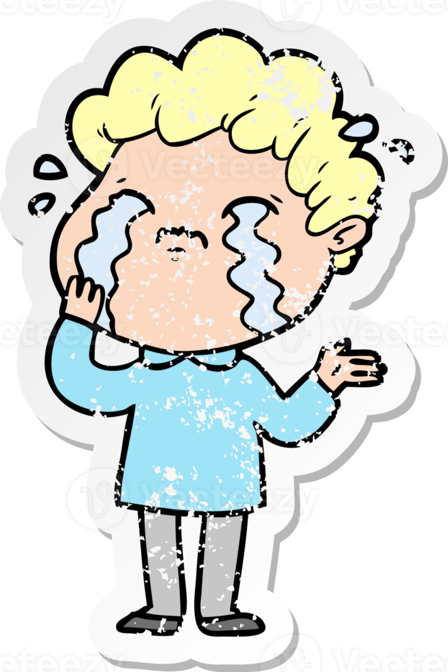 distressed sticker of a cartoon man crying png
