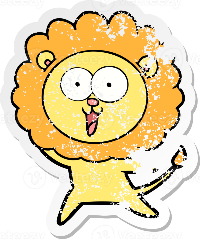 distressed sticker of a happy cartoon lion png