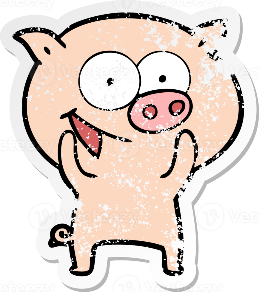 distressed sticker of a cheerful pig cartoon png
