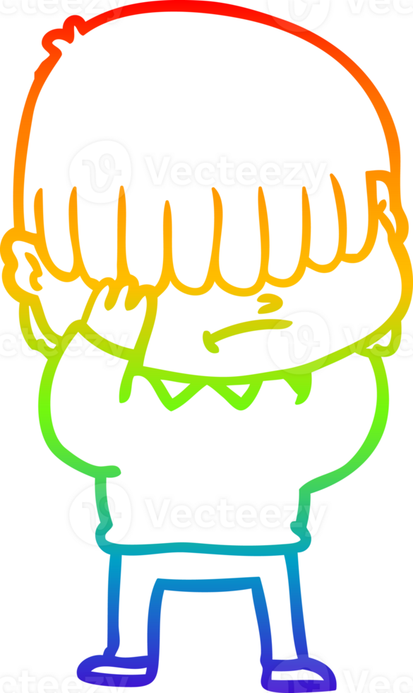 rainbow gradient line drawing of a cartoon boy with untidy hair png