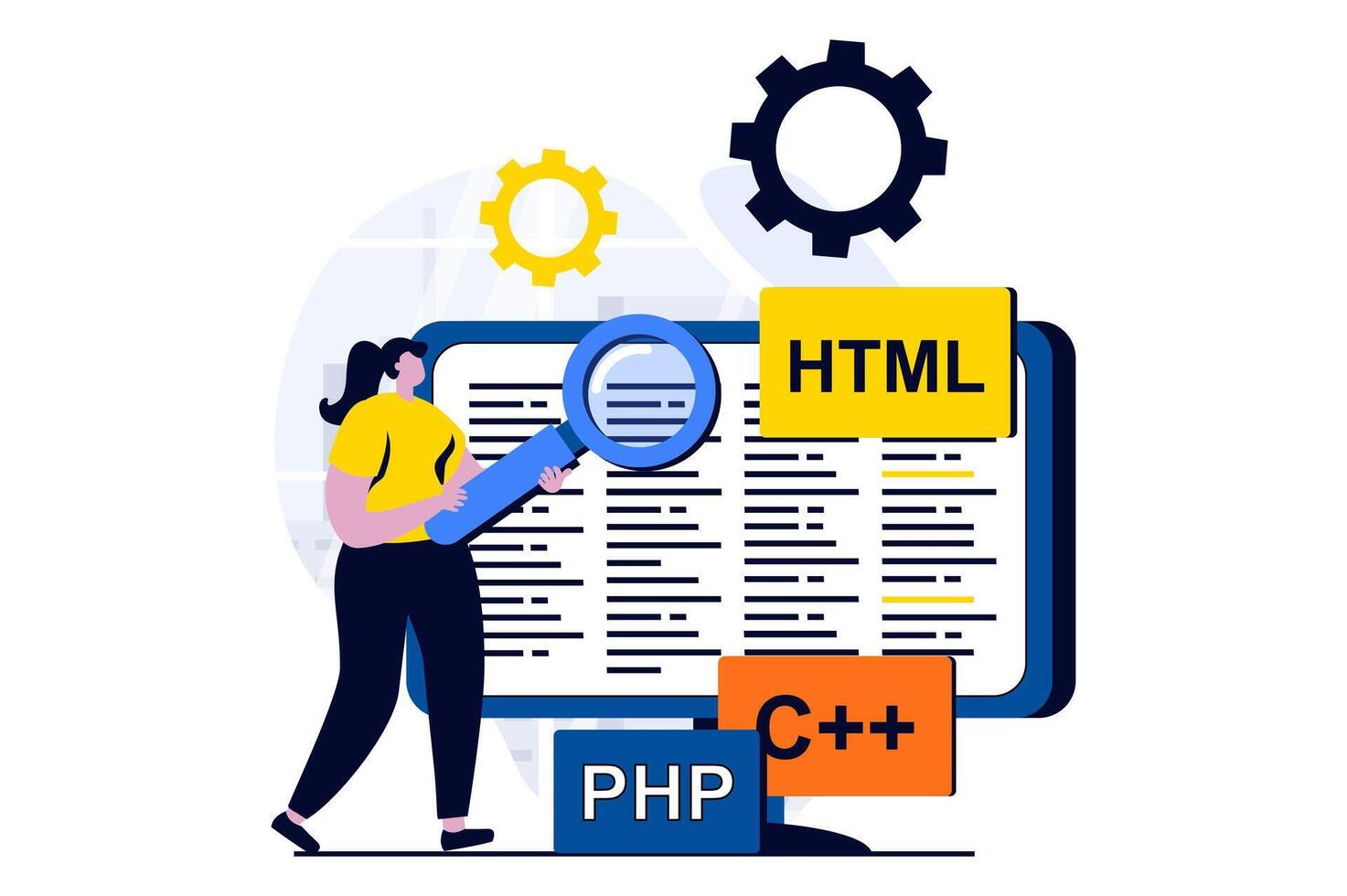 Software development concept with people scene in flat cartoon design. Woman developer working with programming language, searching problems and fixing code. illustration visual story for web vector