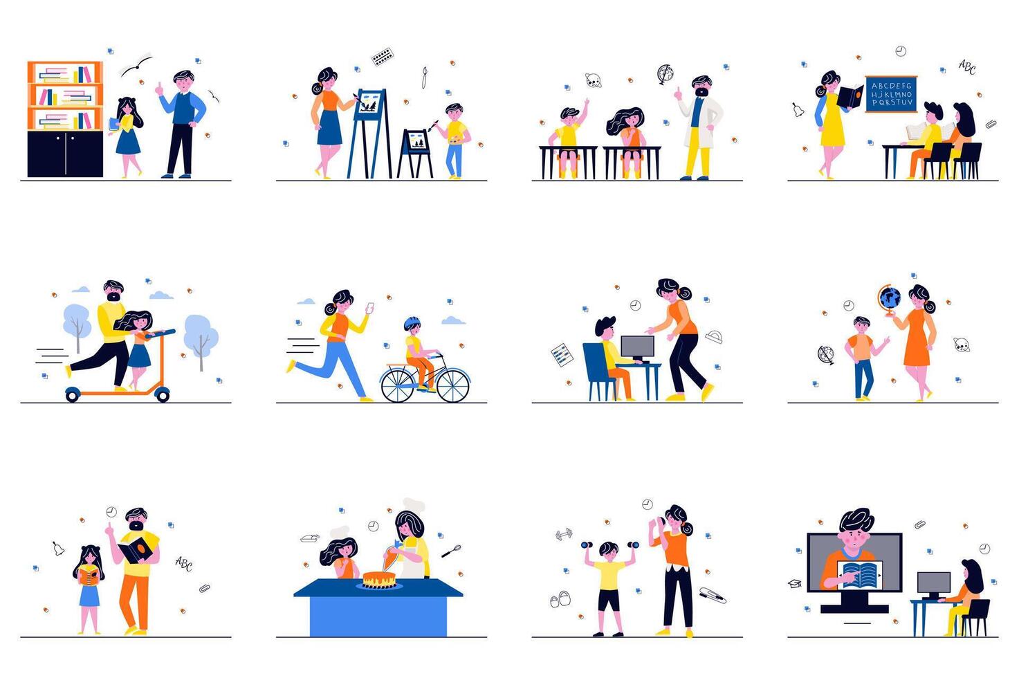 Learning process concept with tiny people scenes set in flat design. Bundle of boys and girls learning to read, drawing, ride scooter, cycling, cook at home with mentors. illustration for web vector