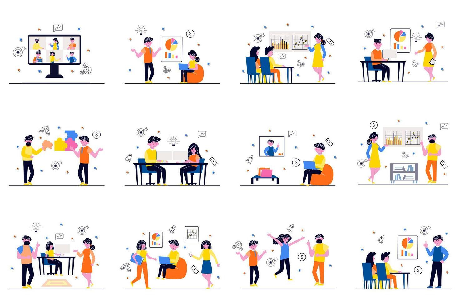 Business meeting concept with tiny people scenes set in flat design. Bundle of men and women discuss tasks in conference, work in office, analyze data and brainstorm. illustration for web vector