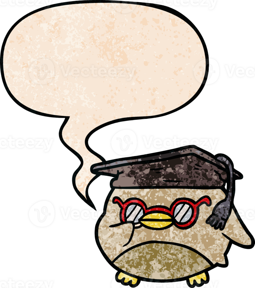 cartoon clever old owl with speech bubble in retro texture style png