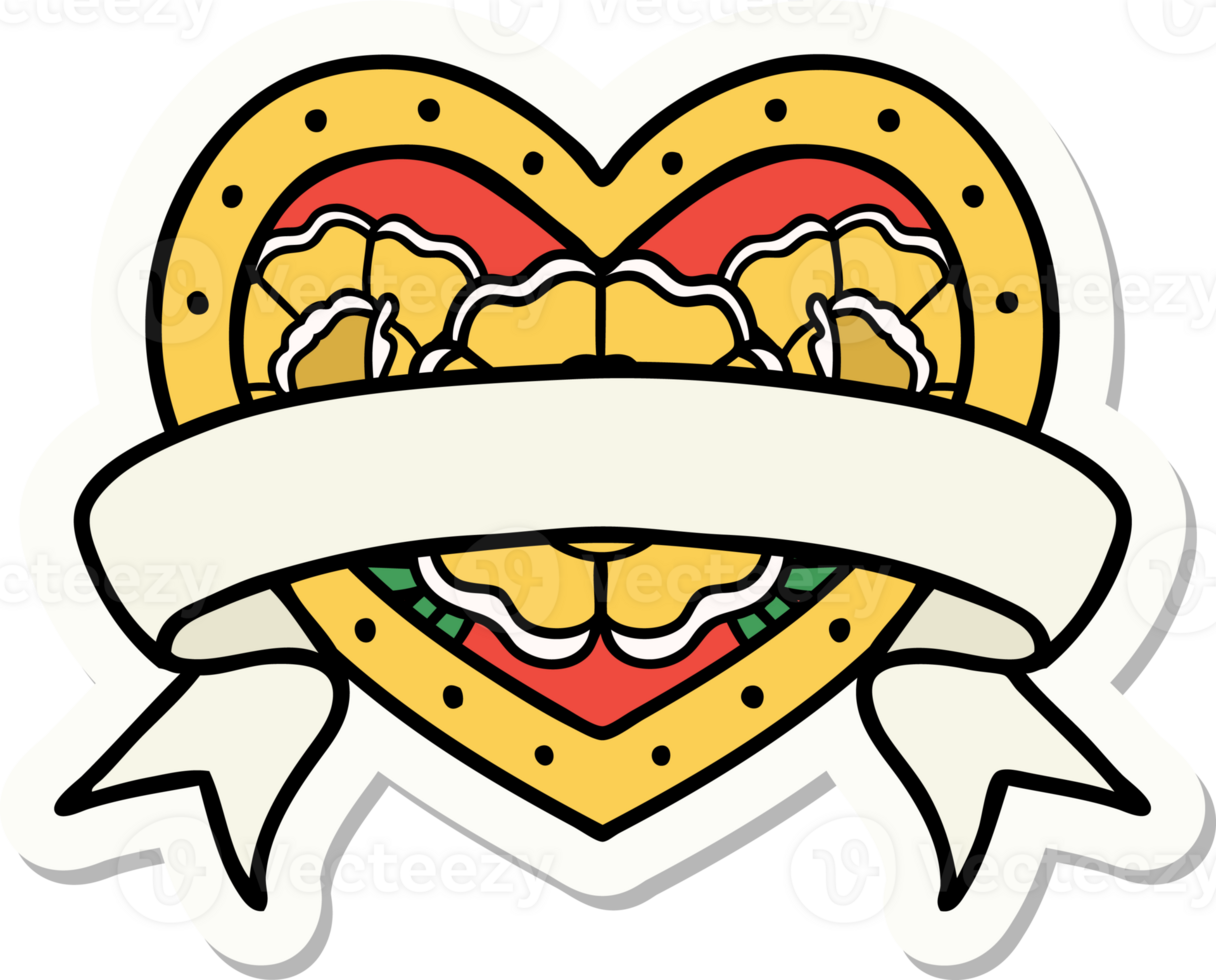 sticker of tattoo in traditional style of a heart and banner with flowers png