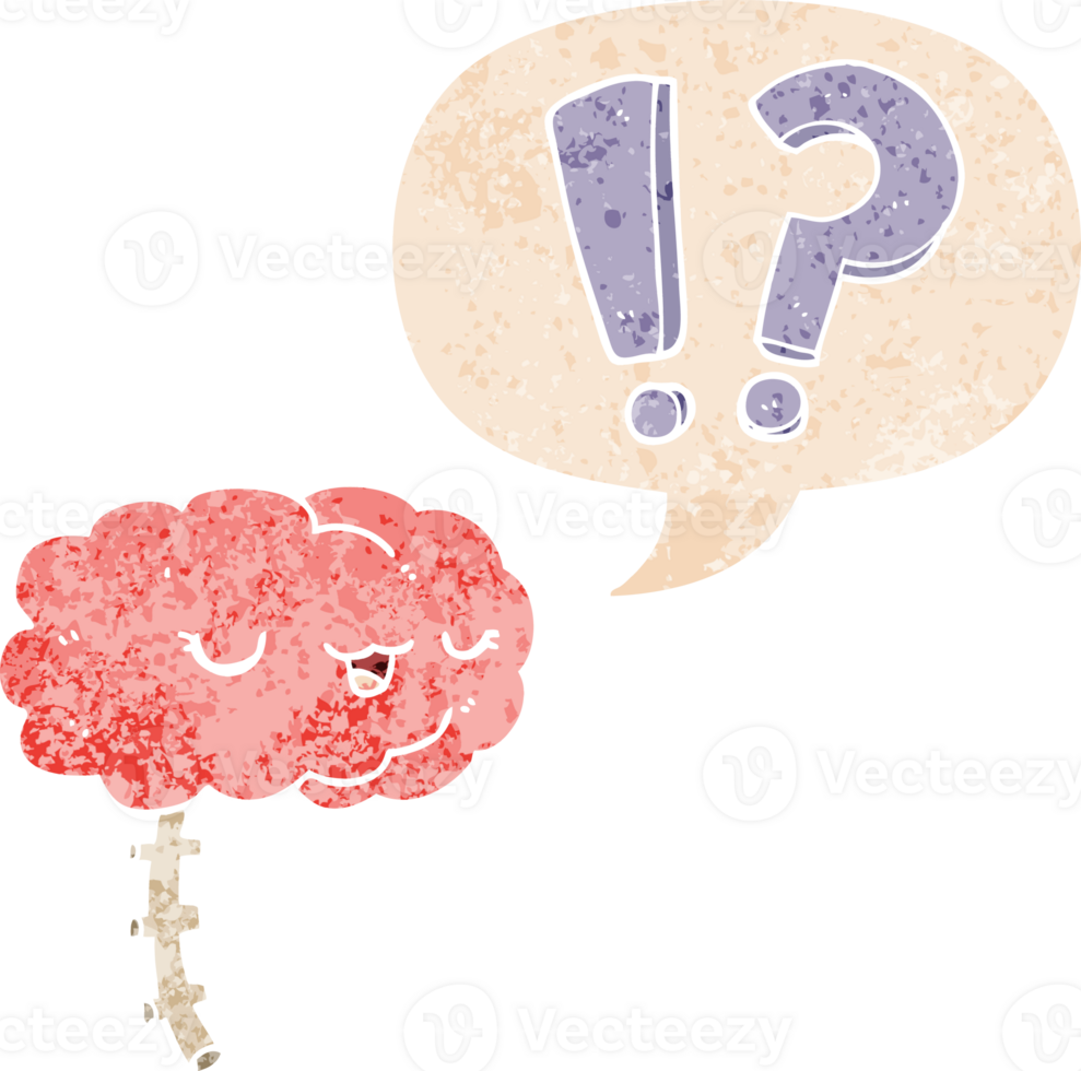 cartoon curious brain with speech bubble in grunge distressed retro textured style png