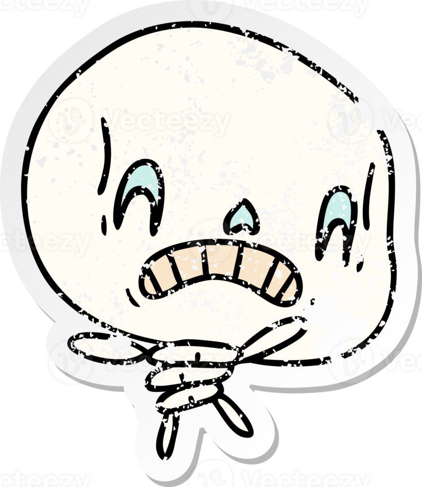 hand drawn distressed sticker cartoon of spooky kawaii skeleton png