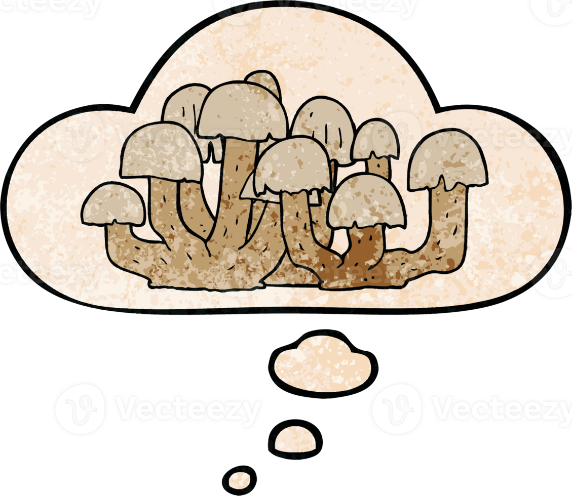 cartoon mushroom with thought bubble in grunge texture style png
