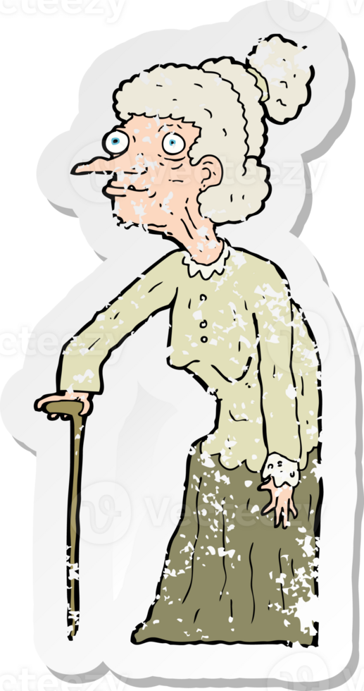 retro distressed sticker of a cartoon old woman png