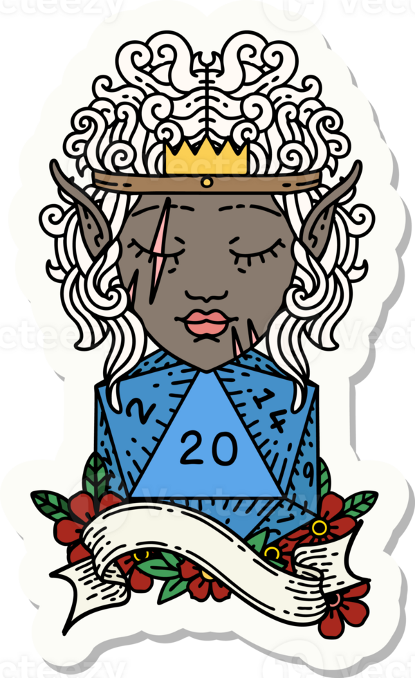 sticker of a elf barbarian character with natural twenty dice roll png