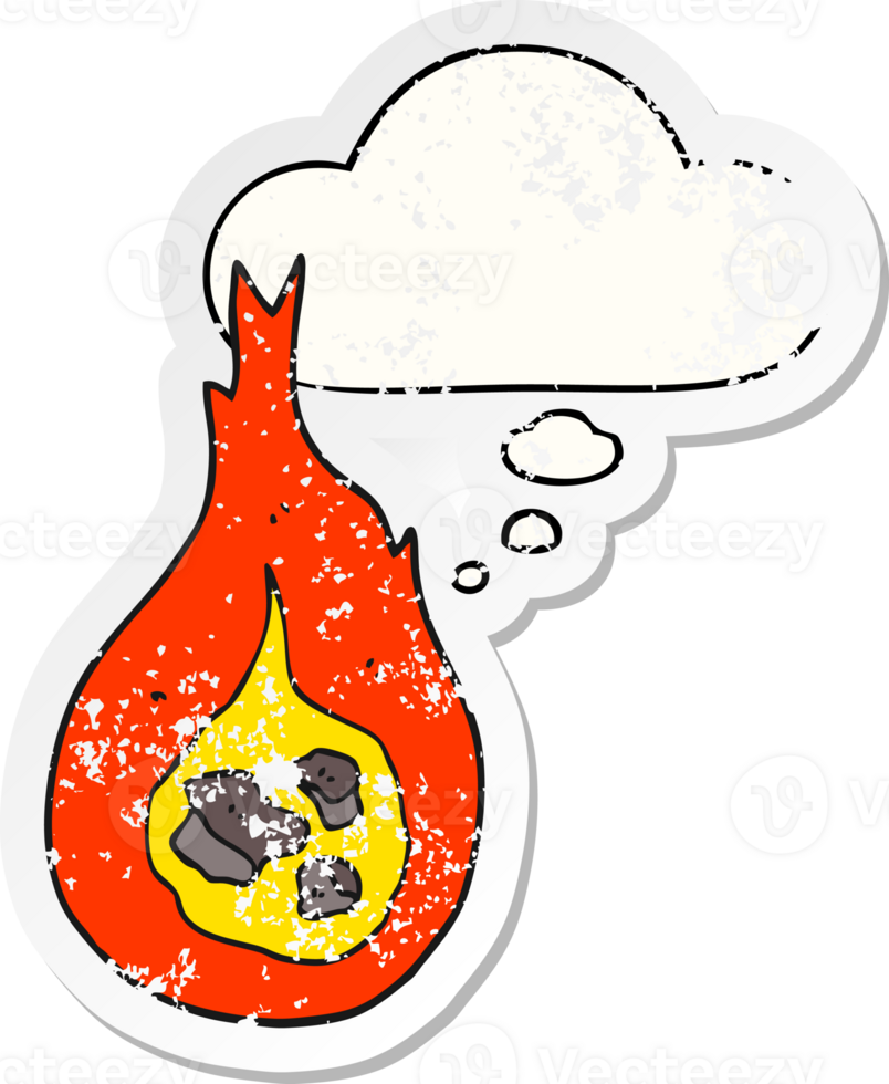 cartoon fireball with thought bubble as a distressed worn sticker png