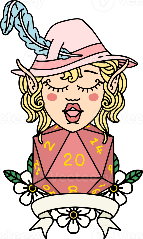 Retro Tattoo Style elf bard with natural twenty dice roll png