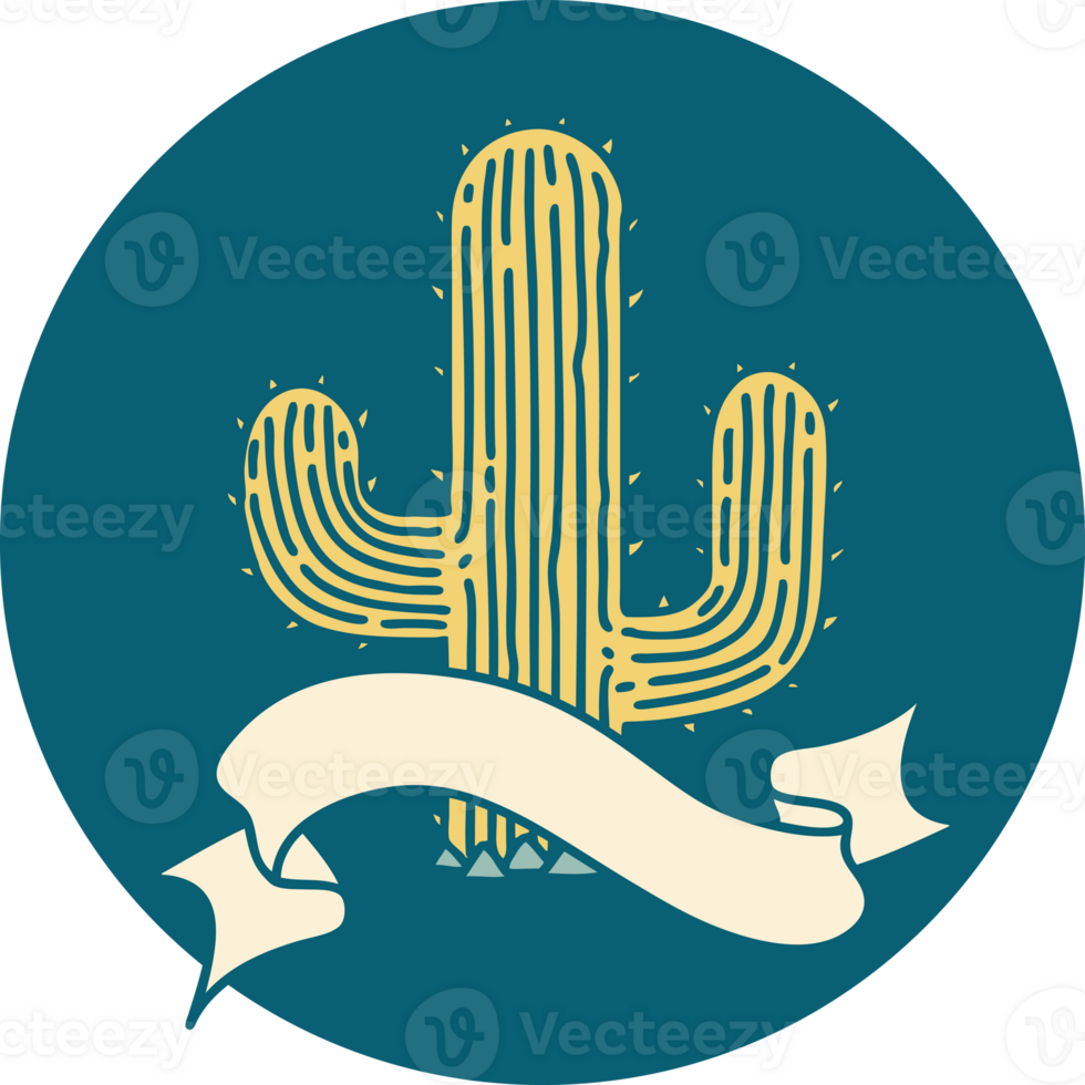 tattoo style icon with banner of a cactus png