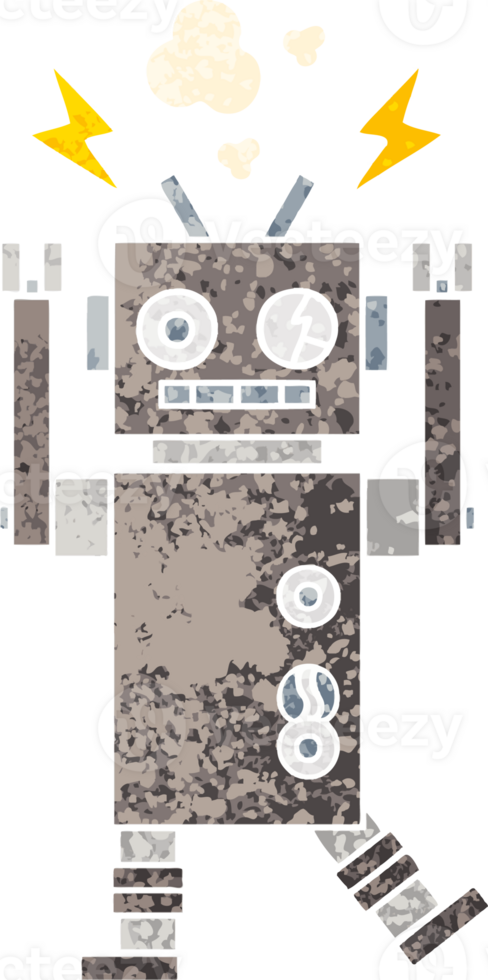 retro illustration style cartoon of a malfunctioning robot png