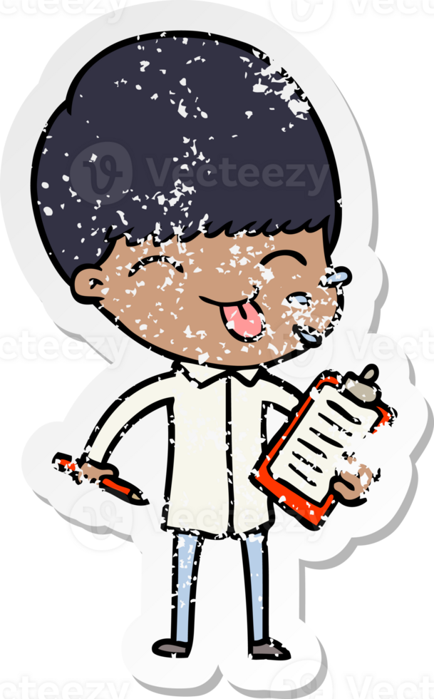 distressed sticker of a cartoon salesman sticking out tongue png