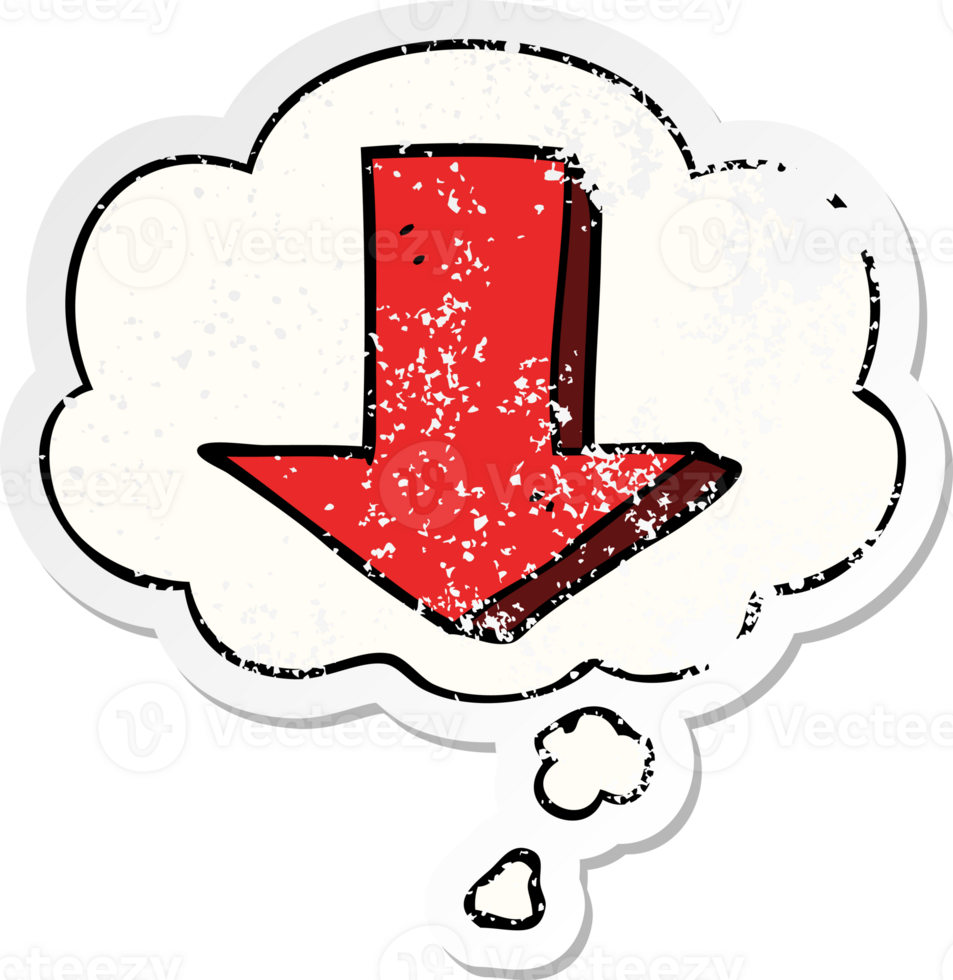 cartoon pointing arrow with thought bubble as a distressed worn sticker png