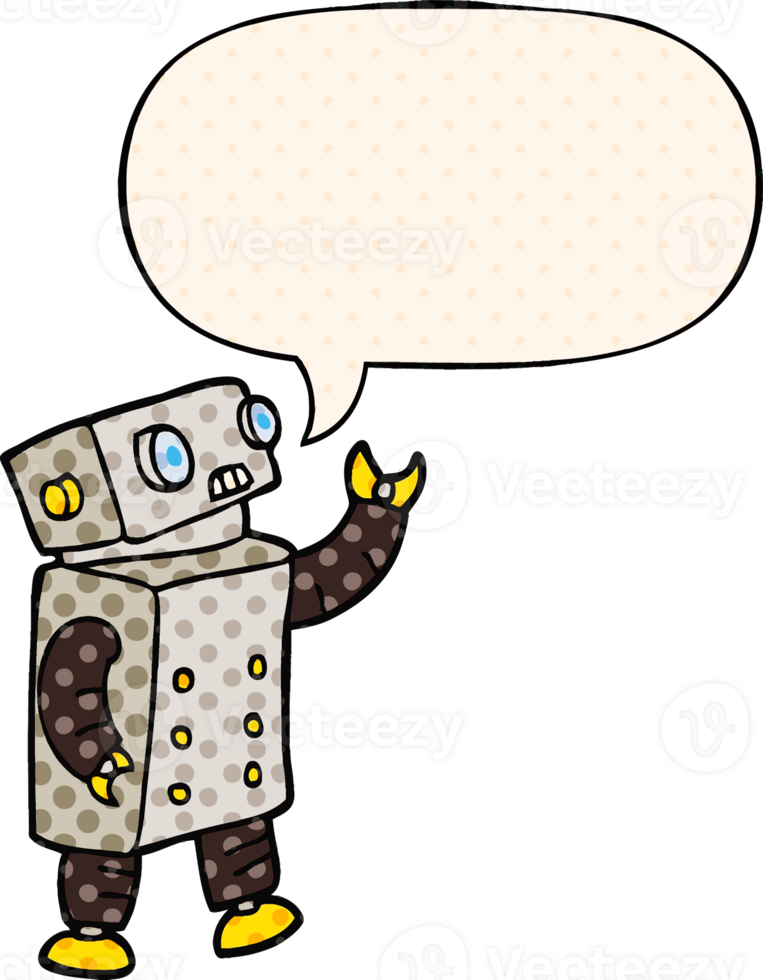 cartoon robot with speech bubble in comic book style png