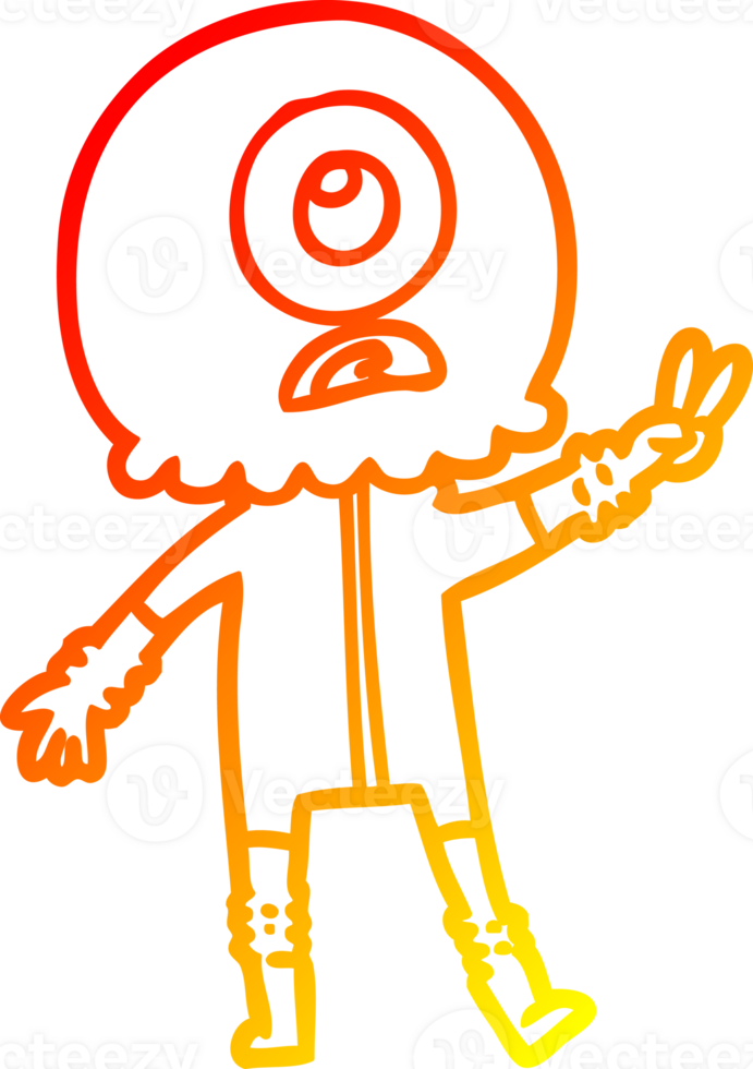 warm gradient line drawing of a cartoon cyclops alien spaceman giving peace sign png