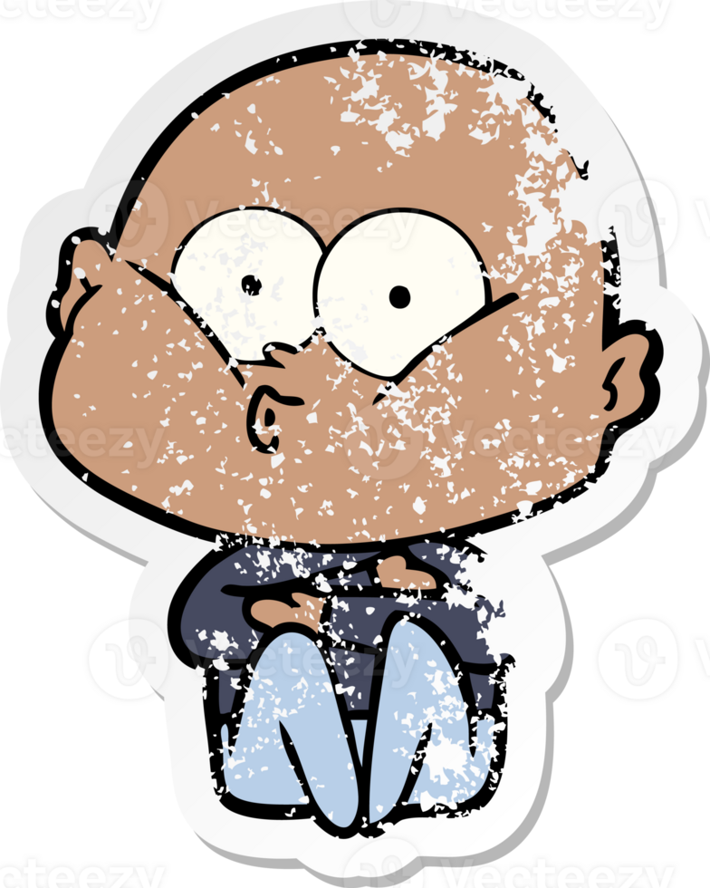 distressed sticker of a cartoon bald man staring png