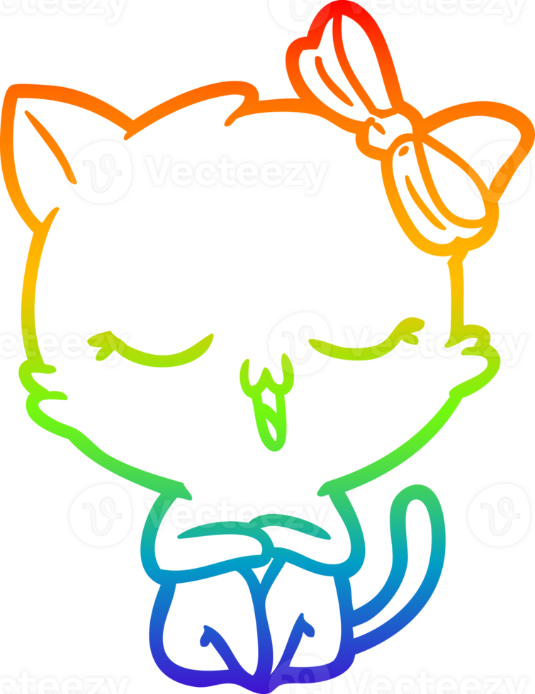 rainbow gradient line drawing of a cartoon cat with bow on head png